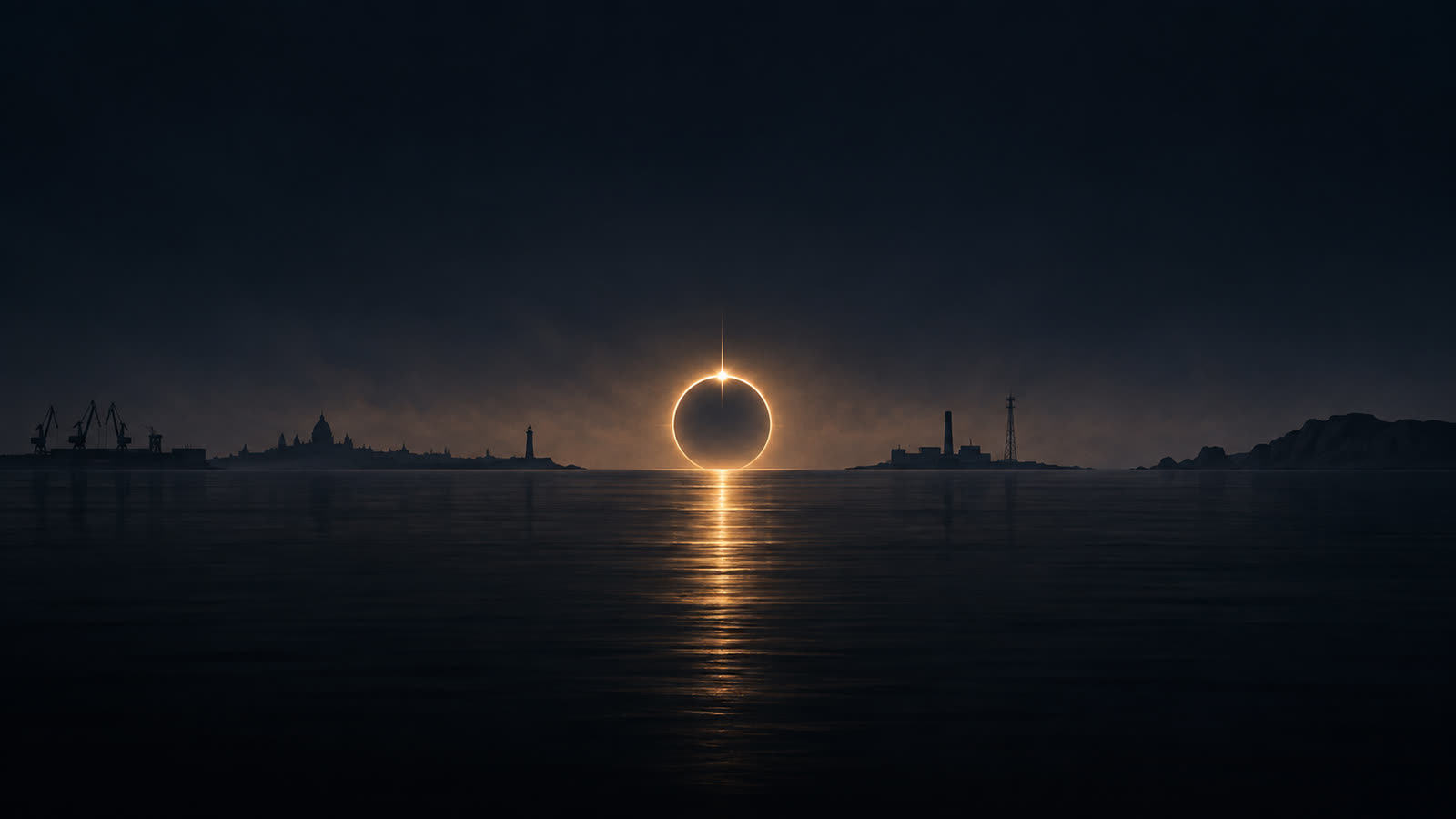 An eclipsed sun rising under one star over still black water, with the dark silhouettes of a harbour, a domed city, a lighthouse, a furnace stack, a signal mast and a headland along the horizon.